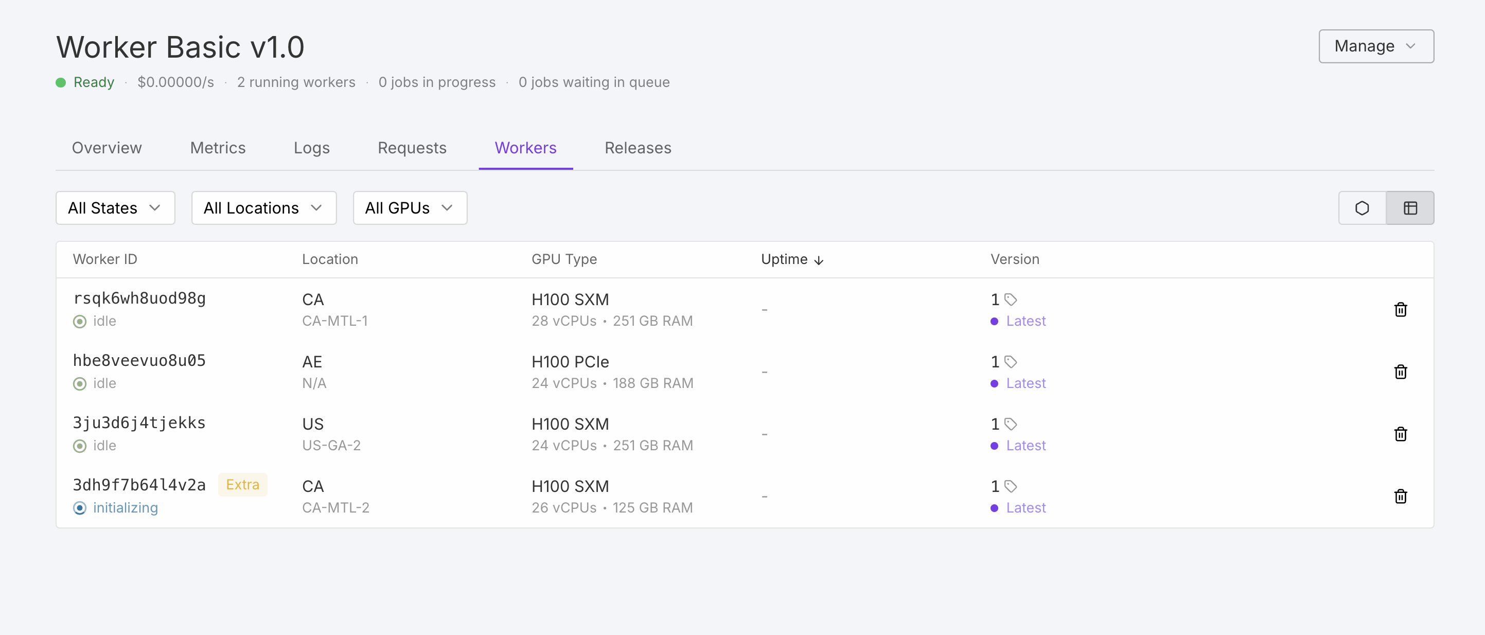 Screenshot of the workers tab in the RunPod console.